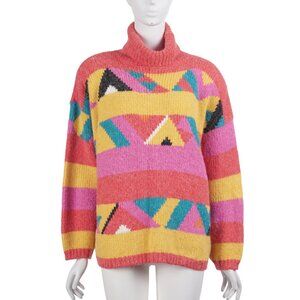 KITTY HAWK Vintage 80s Women Sweater S Geometric Colorful Oversized Turtleneck
